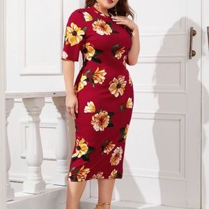 NWOT Red Sunflower Midi Bodycon Dress